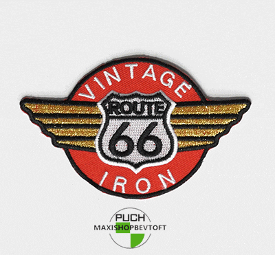 Stofmærke 61 x 101 mm VINTAGE ROUTE 66 i den bedste kvalitet med klæber
