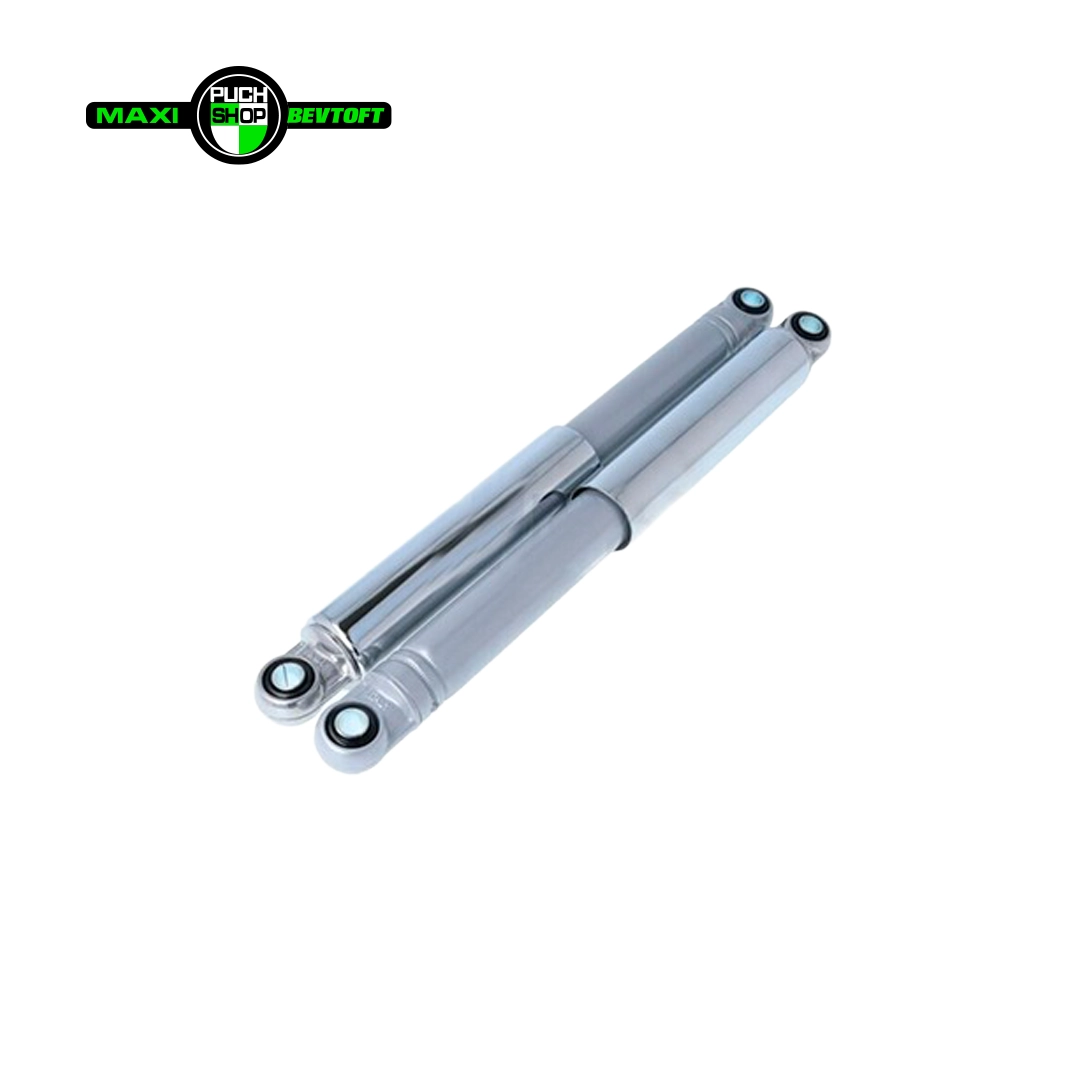 Stoeddaempere 290mm lukket model med graa ben krom kappe PUCH Maxi Kl 2 gear Støddæmpere 290mm lukket model med grå ben og krom kappe til PUCH Maxi Kl og 2 gear