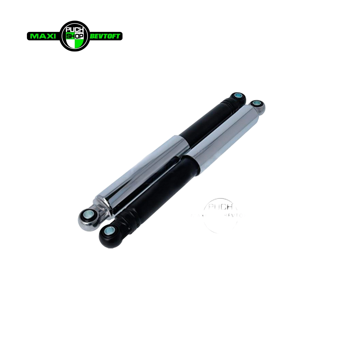 Stoeddaempere 290mm lukket model med krom kappe sorte ben PUCH Maxi Kl og 2 gear Støddæmpere 290mm lukket model med krom kappe og sorte ben til PUCH Maxi Kl og 2 gear