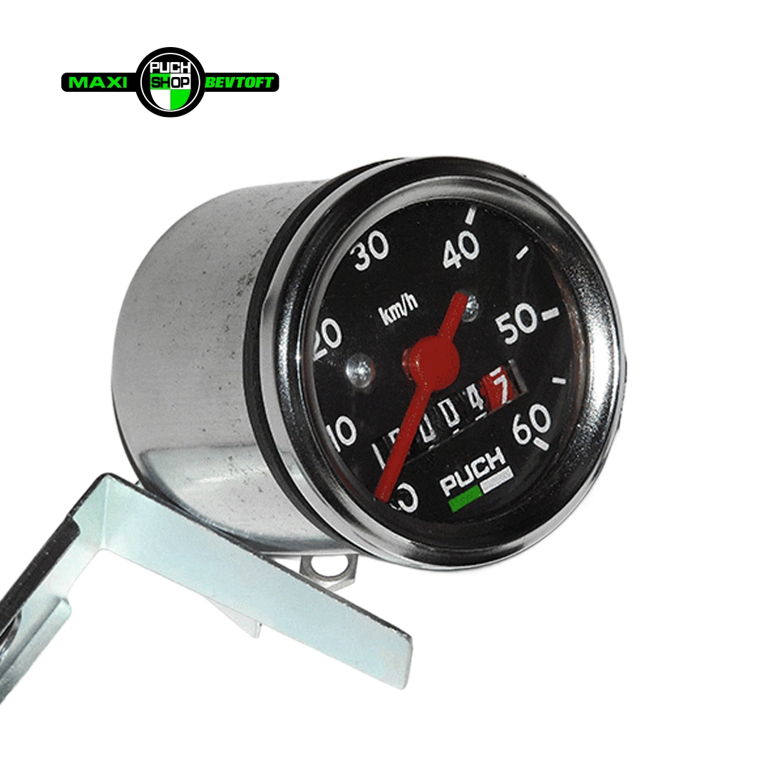 Speedometer 60kmt passer til alle PUCH Maxi modeller med firkantet forlygte close up Speedometer 60kmt passer til alle PUCH Maxi modeller med firkantet forlygte