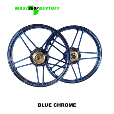 Stjernefælge sæt BLUE CHROME med lejer, nav samt bolte til PUCH Maxi P og K