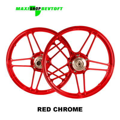 Stjernefælge sæt RED CHROME med lejer, nav samt bolte til PUCH Maxi P og K