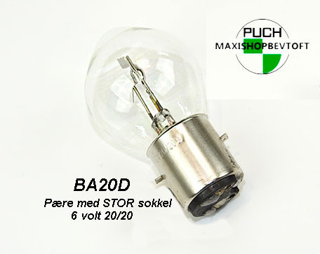 BA20D Pære med STOR sokkel 6 volt