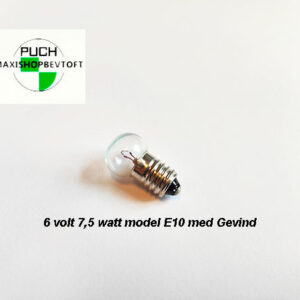 Pære 6 volt 7,5 watt model E10 med Gevind